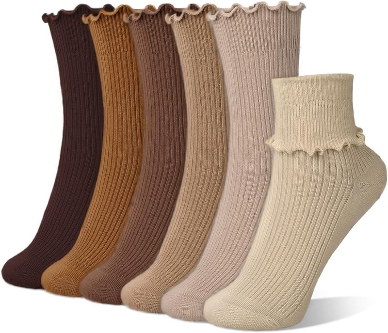 Socksfad Store 6 Pairs Cute Floral Ruffle Crew Socks Women, Breathable Cotton Novelty Casual Girls Above Ankle Funny Socks US 5-10 - Image 1